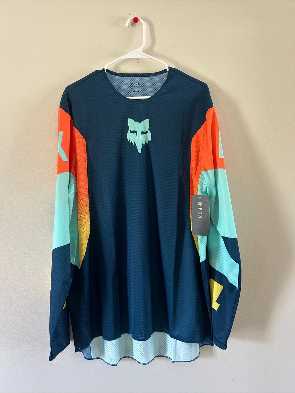 Fox Men’s Long Sleeve Jersey - Navy with Teal & Orange Accents - Picture 1 of 5